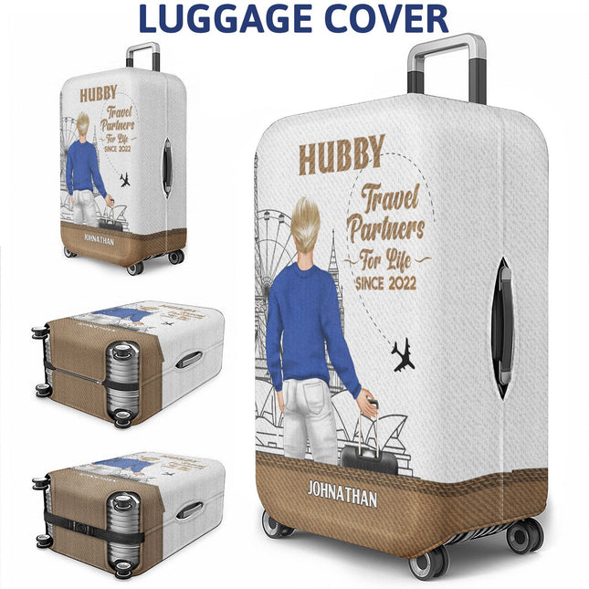 Travel Couple Hubby Wifey Partners For Life - Gift For Couples - Personalized Combo 2 Luggage Covers