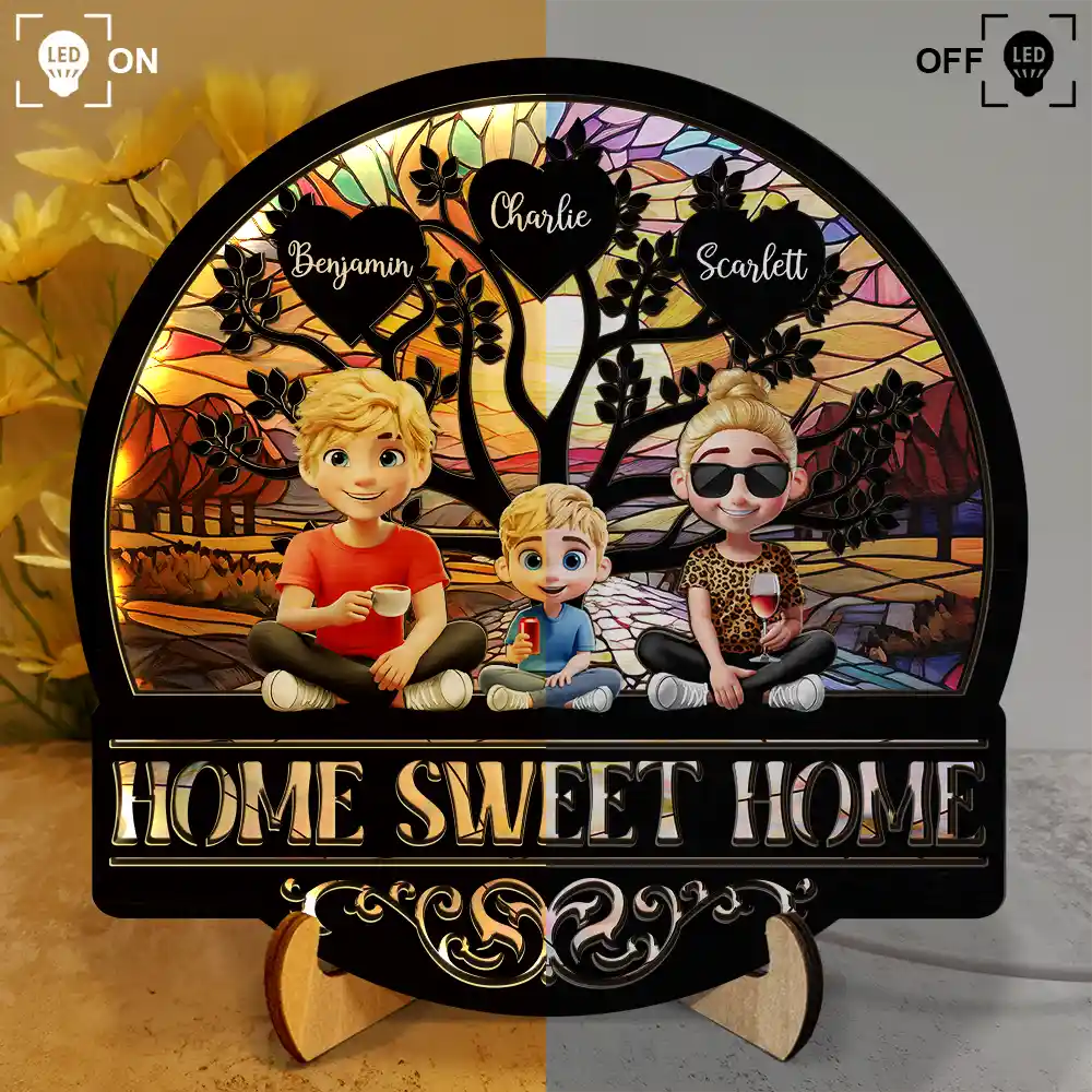 Home Sweet Home Family - Personalized LED Light Wooden Plaque