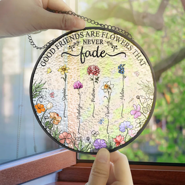 Birth Flower Sisters Besties From The Same Garden - Personalized Stained Glass Window Hanging Suncatcher