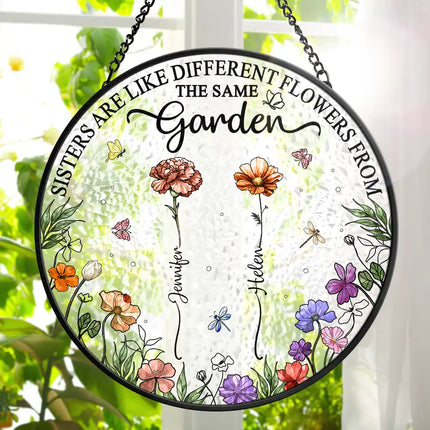 Birth Flower Sisters Besties From The Same Garden - Personalized Stained Glass Window Hanging Suncatcher