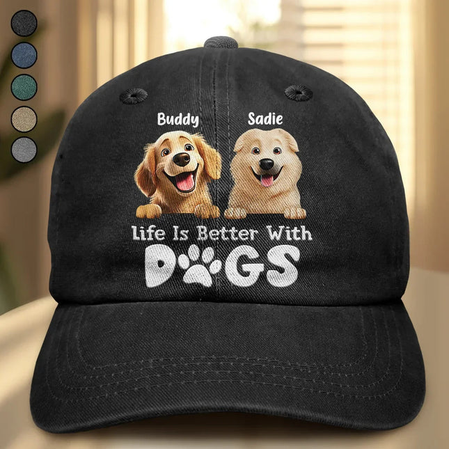 Life Is Better With Dogs - Personalized Vintage Washed Denim Cap