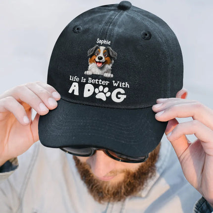 Life Is Better With Dogs - Personalized Vintage Washed Denim Cap