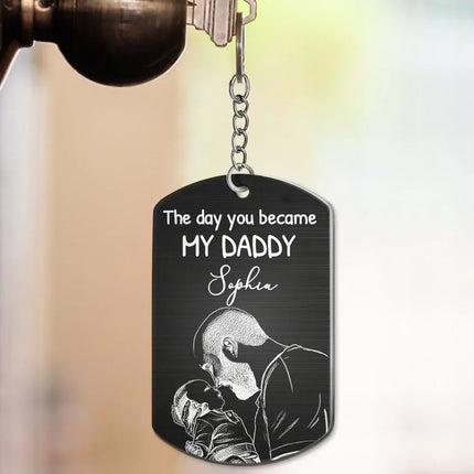 Custom Photo Pencil Sketch Calendar The Day You Became My Mom Dad - Personalized Aluminum Keychain