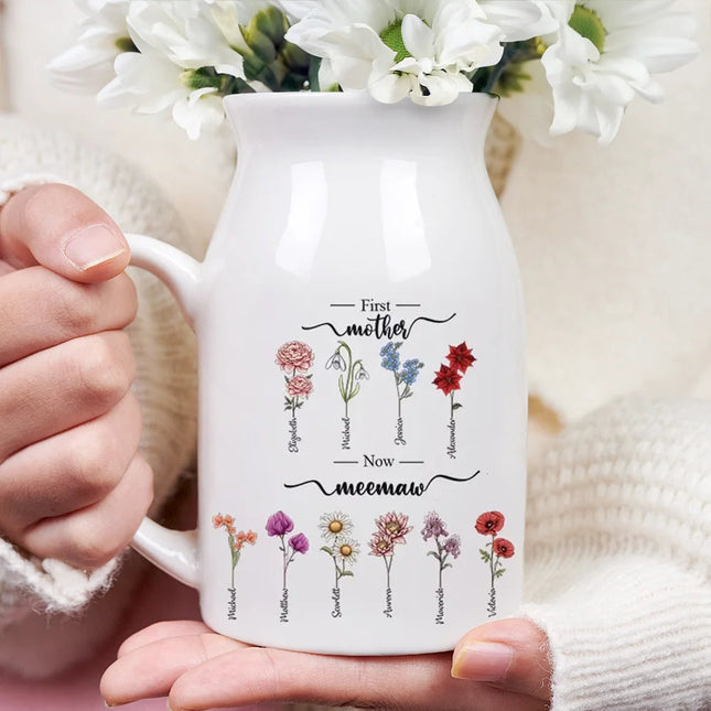 First Mom Now Grandma Birth Flowers - Personalized Ceramic Flower Vase