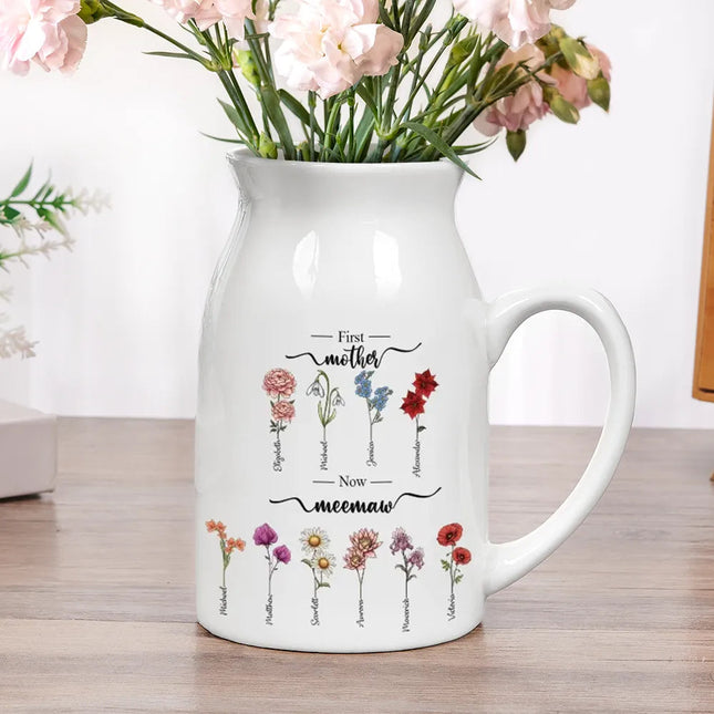 First Mom Now Grandma Birth Flowers - Personalized Ceramic Flower Vase