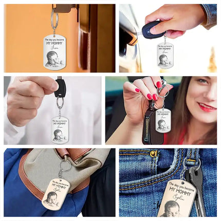 Custom Photo Pencil Sketch Calendar The Day You Became My Mom Dad - Personalized Aluminum Keychain