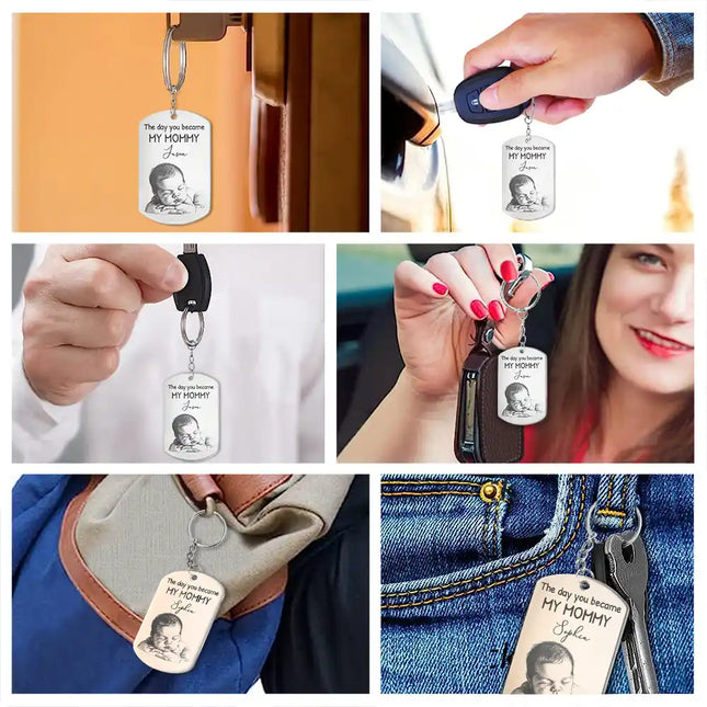 Custom Photo Pencil Sketch Calendar The Day You Became My Mom Dad - Personalized Aluminum Keychain