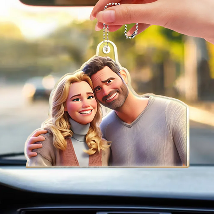 Custom Photo Cartoon Portrait Loving Couple - Personalized Acrylic Car Hanger