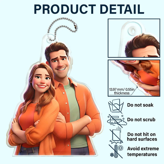 Custom Photo Cartoon Portrait Loving Couple - Personalized Acrylic Car Hanger