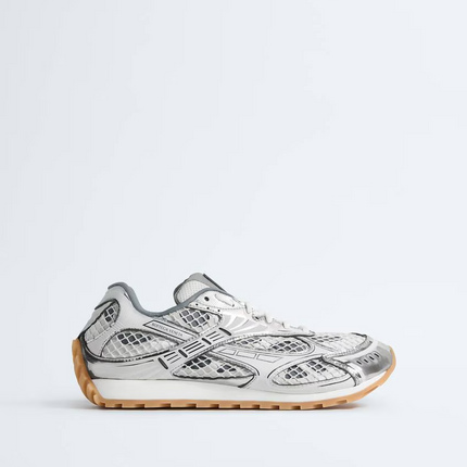 Men’s Bottega Veneta Orbit Flash Suede-Trimmed Silver Sneakers
