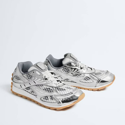 Men’s Bottega Veneta Orbit Flash Suede-Trimmed Silver Sneakers