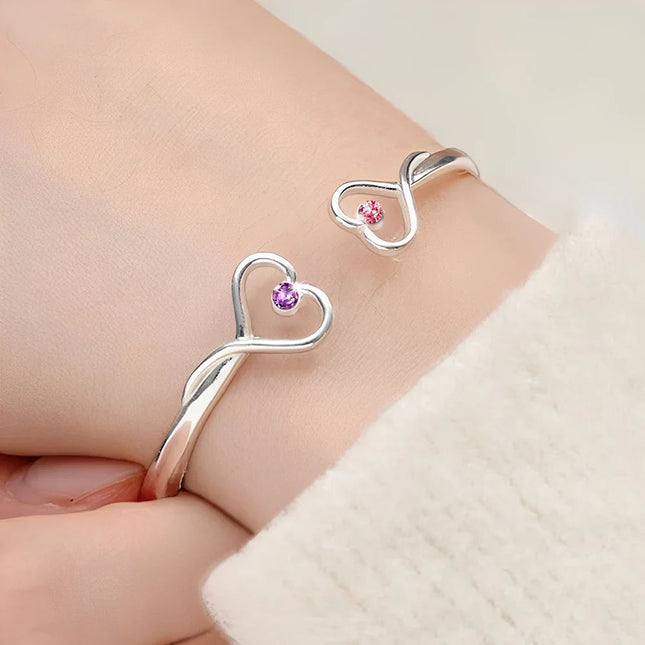 Mother And Daughter Will Always Be Connected By Heart - Personalized Gem Heart Cuff Bracelet