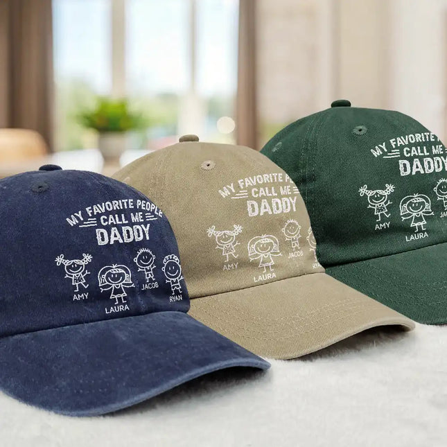 My Favorite People Call Me Papa Kid Stick Figures - Personalized Vintage Washed Denim Cap