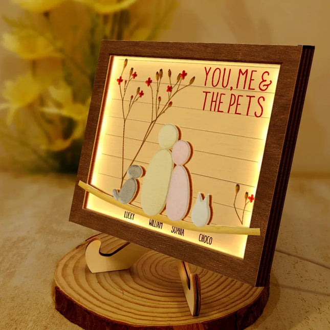 Pebble Couple You Me And The Dog Cat - Personalized LED Light Wooden Plaque