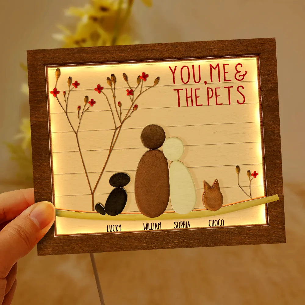Pebble Couple You Me And The Dog Cat - Personalized LED Light Wooden Plaque