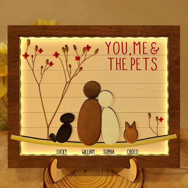 Pebble Couple You Me And The Dog Cat - Personalized LED Light Wooden Plaque