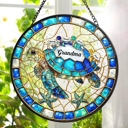 Turtle Stained Glass Mom Grandma - Personalized Stained Glass Window Hanging Suncatcher