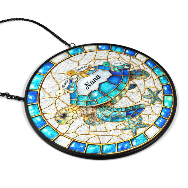 Turtle Stained Glass Mom Grandma - Personalized Stained Glass Window Hanging Suncatcher