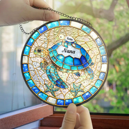 Turtle Stained Glass Mom Grandma - Personalized Stained Glass Window Hanging Suncatcher