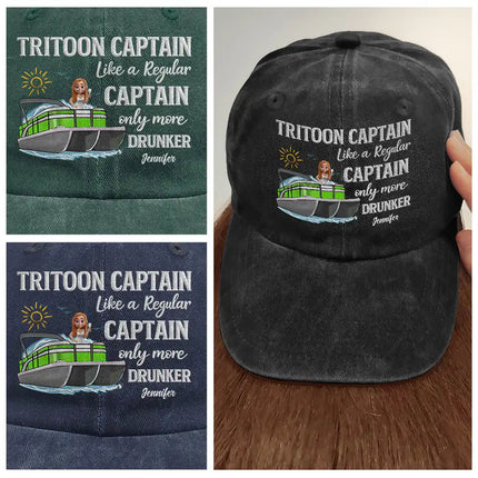 Pontoon Captain Pontoon Queen - Personalized Vintage Washed Denim Cap