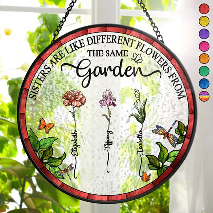 Birth Flower Sisters From The Same Garden - Personalized Stained Glass Window Hanging Suncatcher