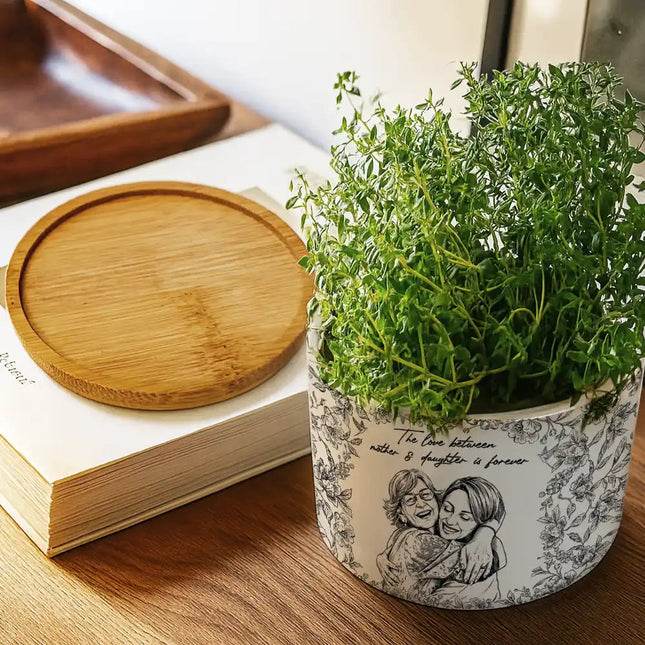 Custom Photo Pencil Sketch The Love Between Mother & Daughter Is Forever - Personalized Ceramic Plant Pot