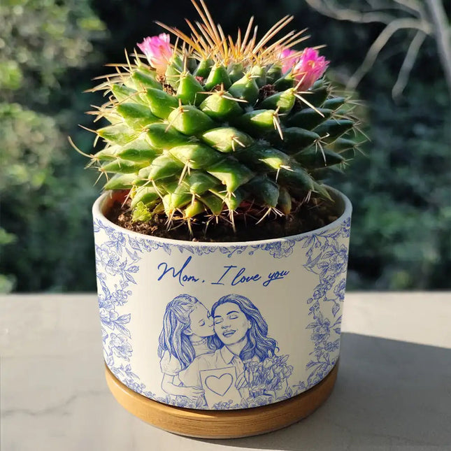 Custom Photo Pencil Sketch The Love Between Mother & Daughter Is Forever - Personalized Ceramic Plant Pot