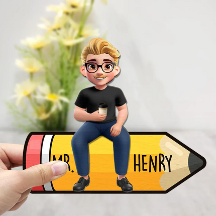 Teacher Sitting On The Pencil - Personalized 2-Layered Wooden Plaque With Stand