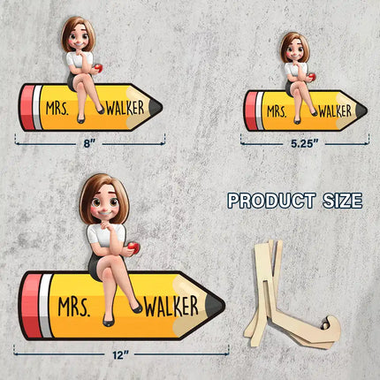 Teacher Sitting On The Pencil - Personalized 2-Layered Wooden Plaque With Stand