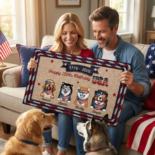 USA 250th Birthday Patriotic Flag Dog Faux Yarn Pattern - Personalized Doormat
