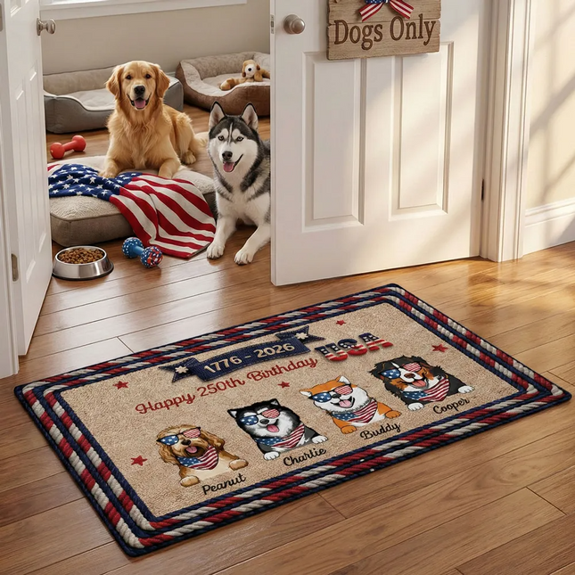 USA 250th Birthday Patriotic Flag Dog Faux Yarn Pattern - Personalized Doormat