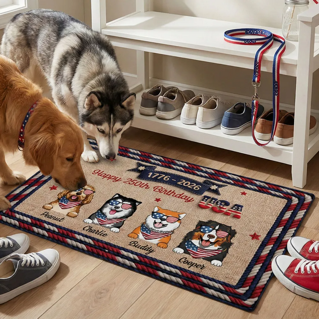 USA 250th Birthday Patriotic Flag Dog Faux Yarn Pattern - Personalized Doormat