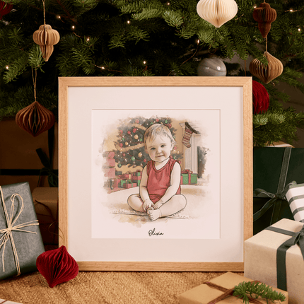 Baby's Christmas Watercolour Illustration - Custom Portrait Art