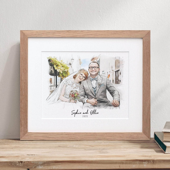 Bride and Groom Couple Wedding Illustration - Custom Portrait Art