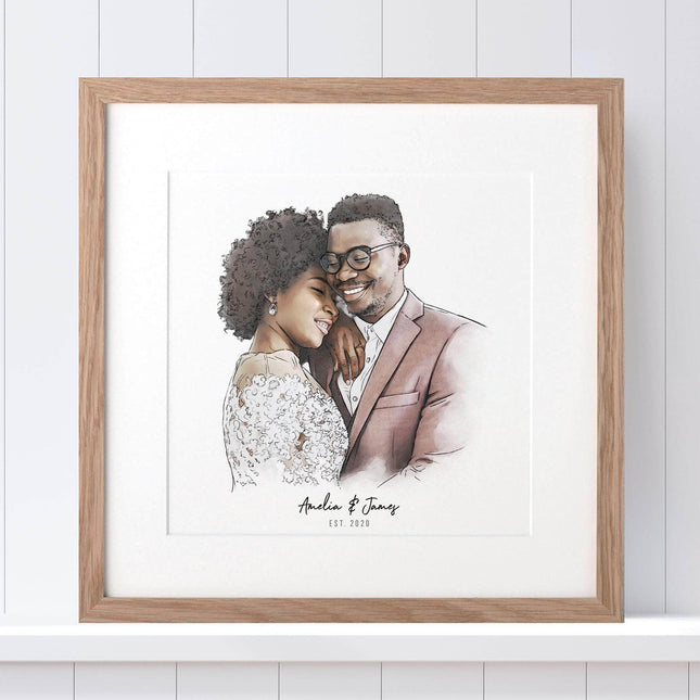 Bride and Groom Couple Wedding Illustration - Custom Portrait Art