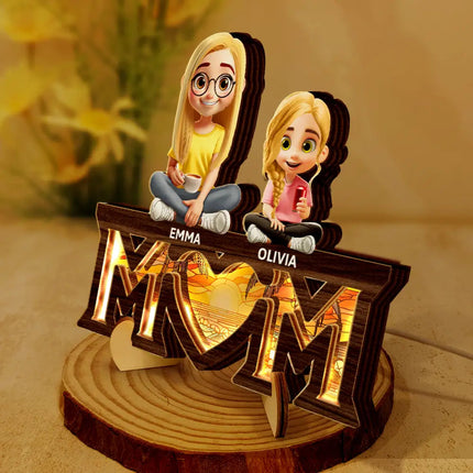 Young Mother Daughter Son We Love You Mom 3D Cartoon - Personalized LED Light Wooden Plaque