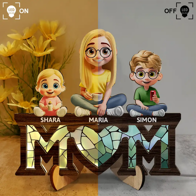 Young Mother Daughter Son We Love You Mom 3D Cartoon - Personalized LED Light Wooden Plaque