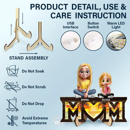 Young Mother Daughter Son We Love You Mom 3D Cartoon - Personalized LED Light Wooden Plaque