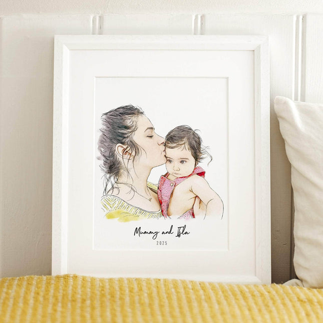First Mother's Day Watercolour Illustration - Custom Portrait Art