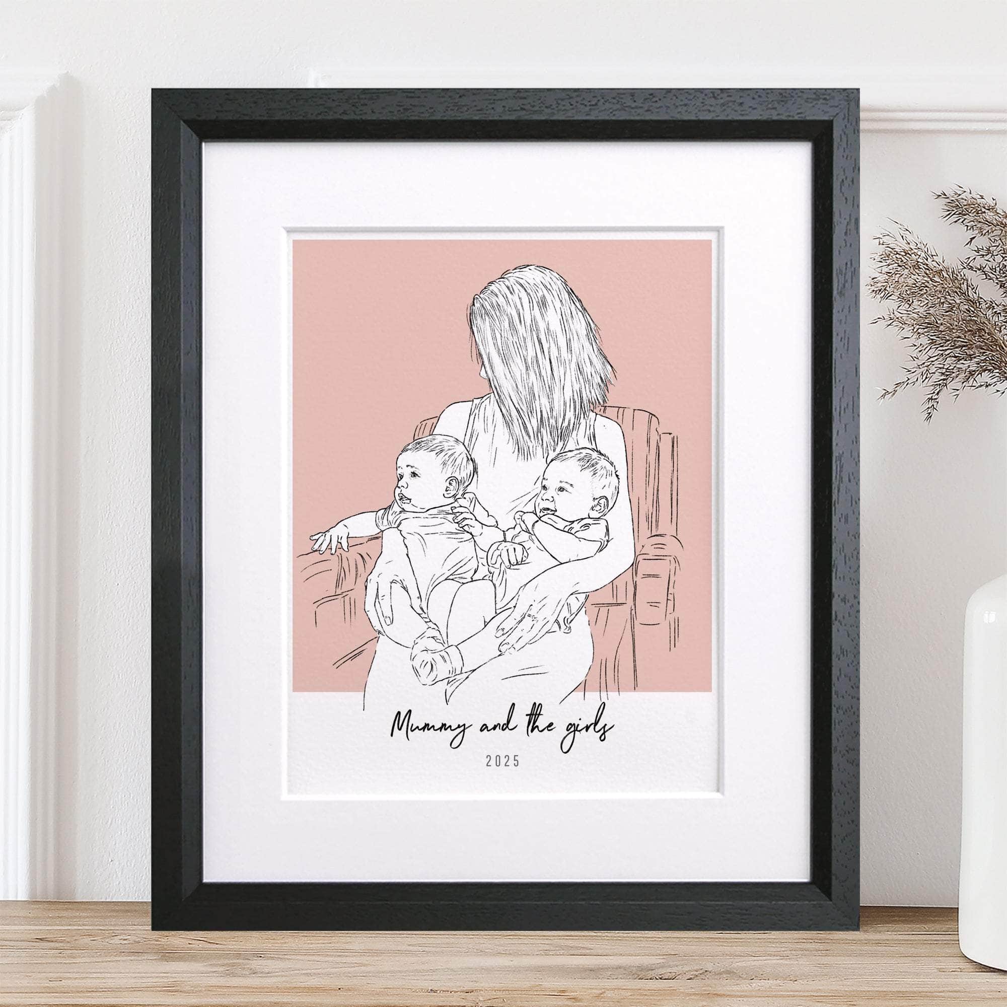 Mummy and Me Colour Block People Line Portrait - Custom Portrait Art