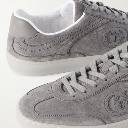 Men's Gucci G75 Logo-Appliquéd Leather-Trimmed Suede Grey Suede Sneakers